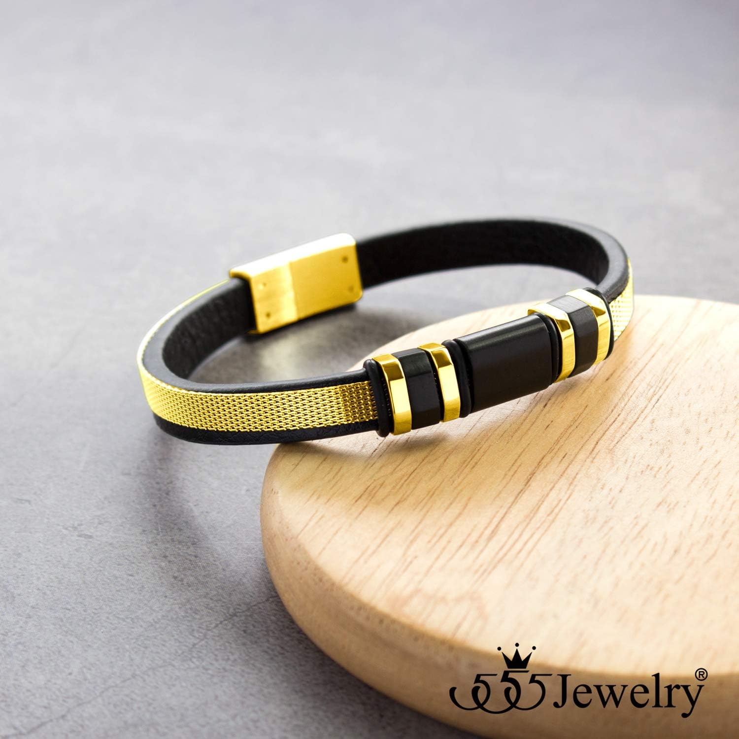 image:image555Jewelry Stainless Steel amp Genuine Black Leather Wrist Bracelet for MenGold