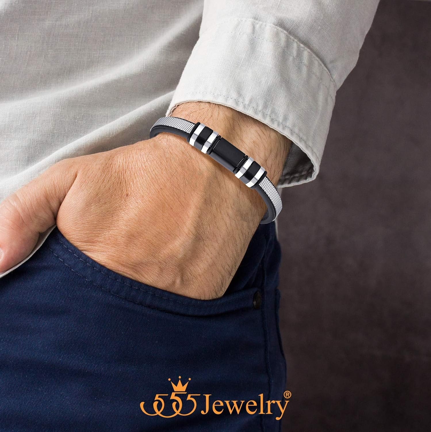 image:image555Jewelry Stainless Steel amp Genuine Black Leather Wrist Bracelet for MenSilver