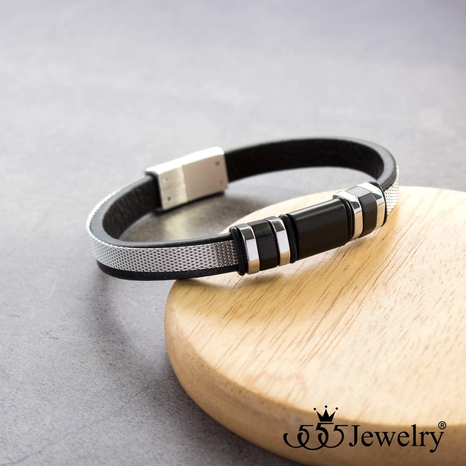 image:image555Jewelry Stainless Steel amp Genuine Black Leather Wrist Bracelet for MenSilver
