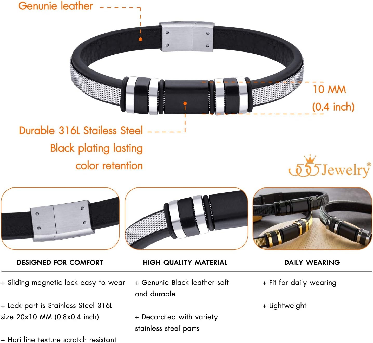 image:image555Jewelry Stainless Steel amp Genuine Black Leather Wrist Bracelet for MenSilver