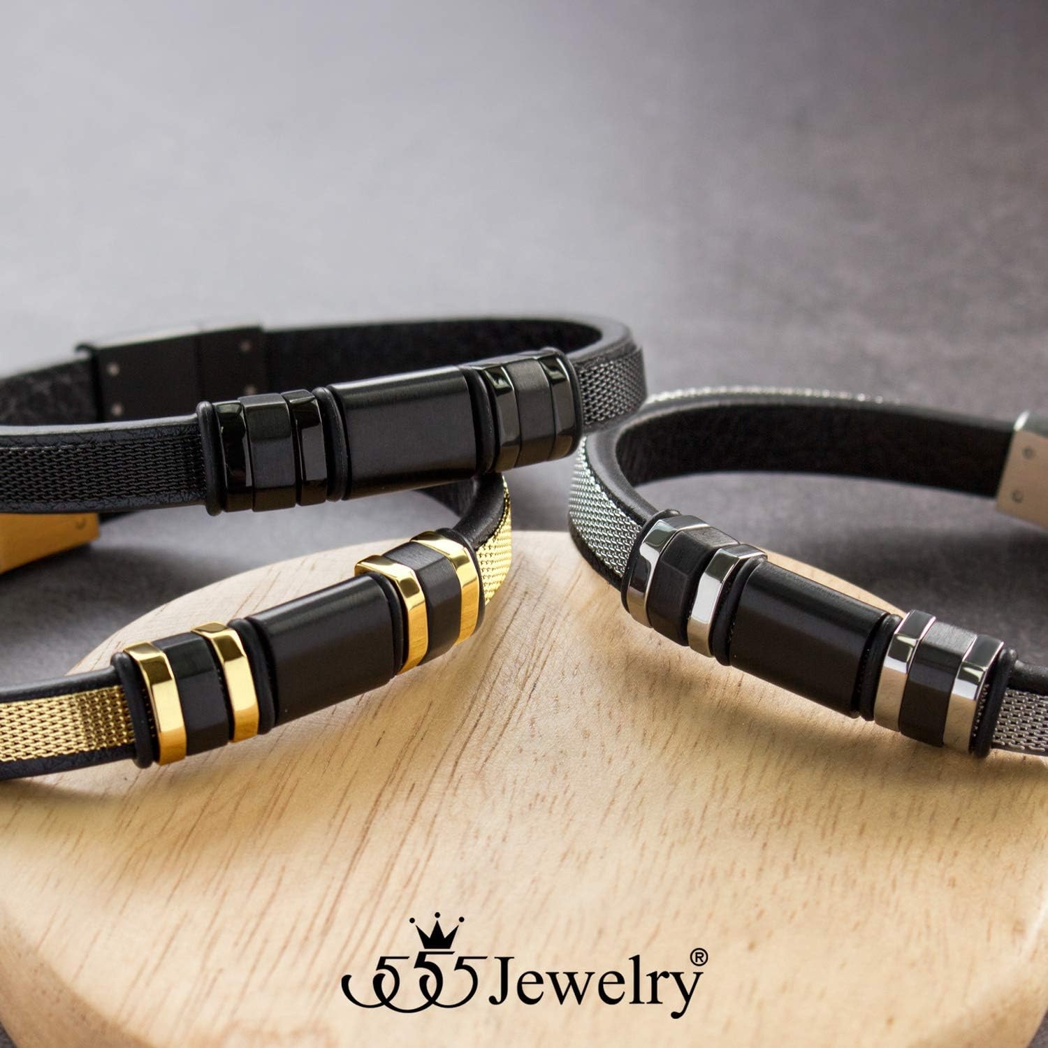image:image555Jewelry Stainless Steel amp Genuine Black Leather Wrist Bracelet for MenSilver