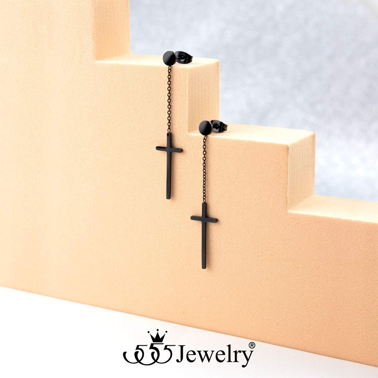 image:image555Jewelry Womens Stainless Steel Hanging Cross Long Dangling Earrings Drop Dangle EarringBlack