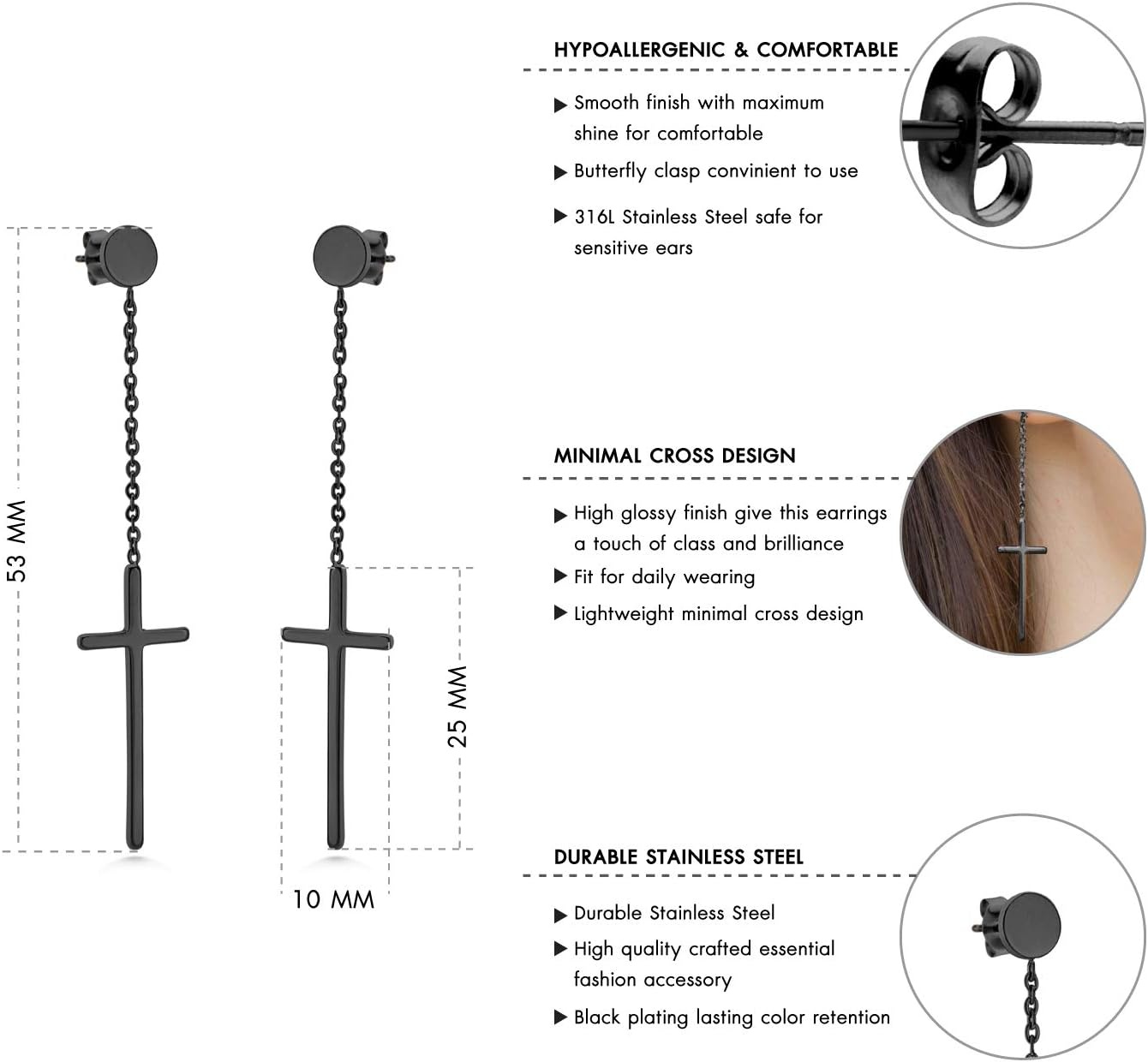 image:image555Jewelry Womens Stainless Steel Hanging Cross Long Dangling Earrings Drop Dangle EarringBlack