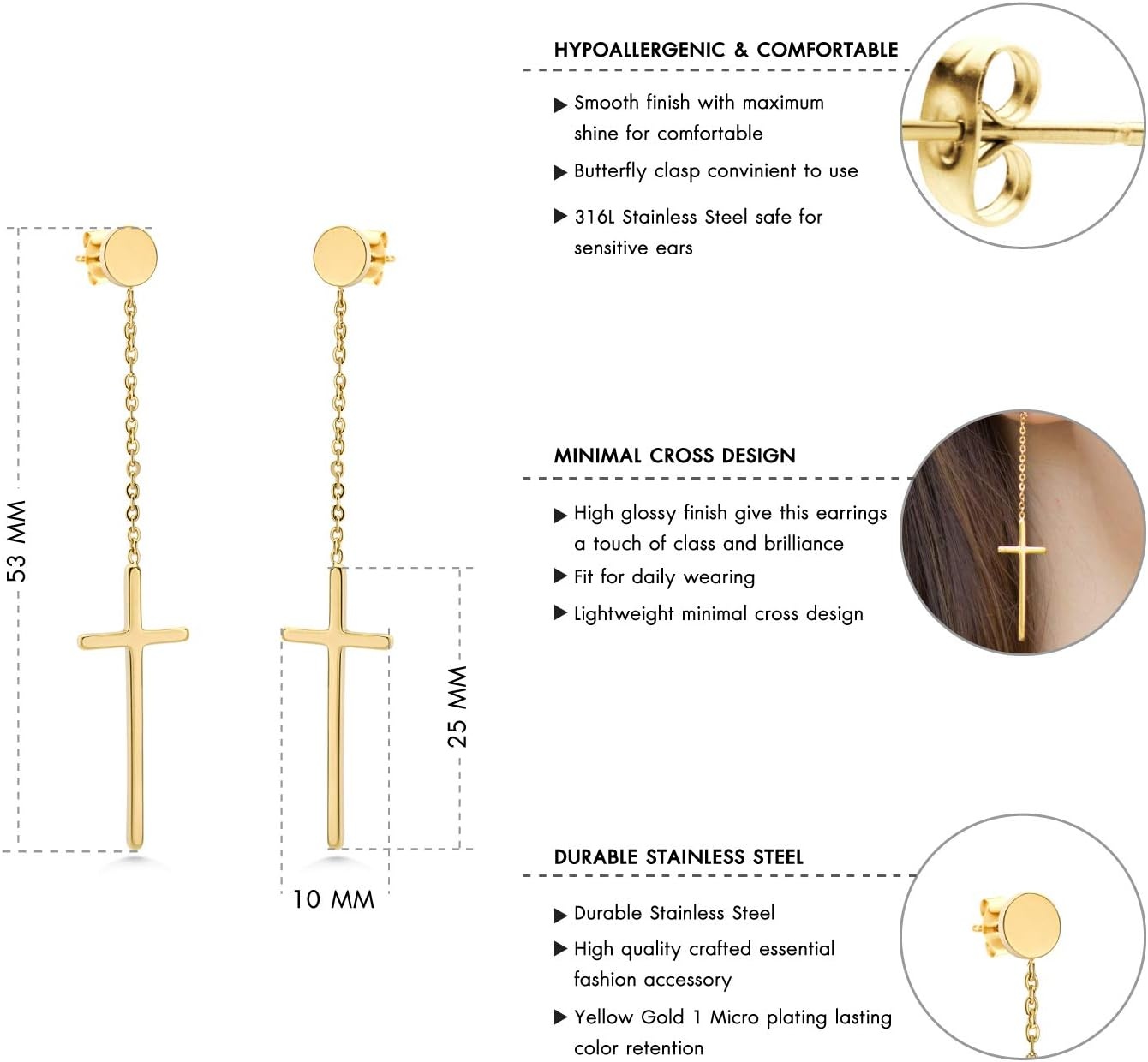 image:image555Jewelry Womens Stainless Steel Hanging Cross Long Dangling Earrings Drop Dangle EarringYellow Gold
