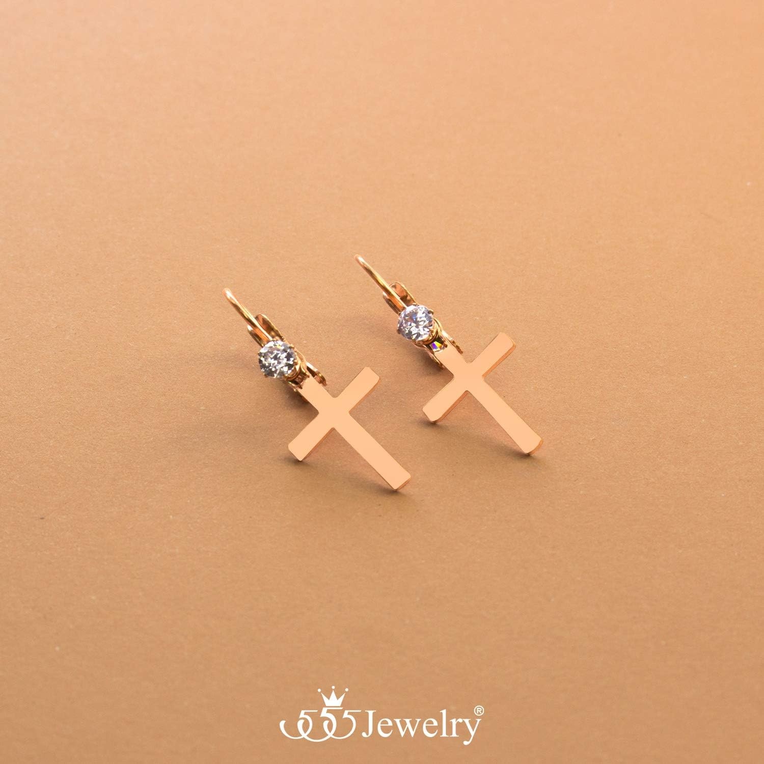 image:image555Jewelry Womens Stainless Steel Small Cross CZ Stud Dangle Lever Back EarringsPink Rose Gold