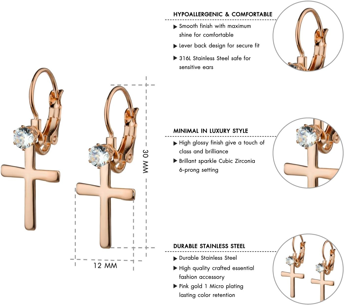 image:image555Jewelry Womens Stainless Steel Small Cross CZ Stud Dangle Lever Back EarringsPink Rose Gold