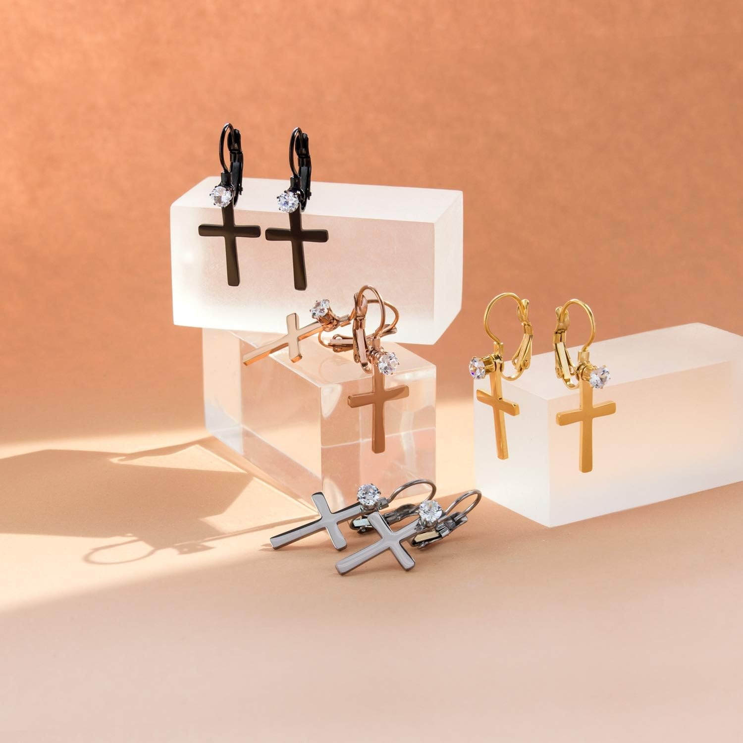 image:image555Jewelry Womens Stainless Steel Small Cross CZ Stud Dangle Lever Back EarringsPink Rose Gold