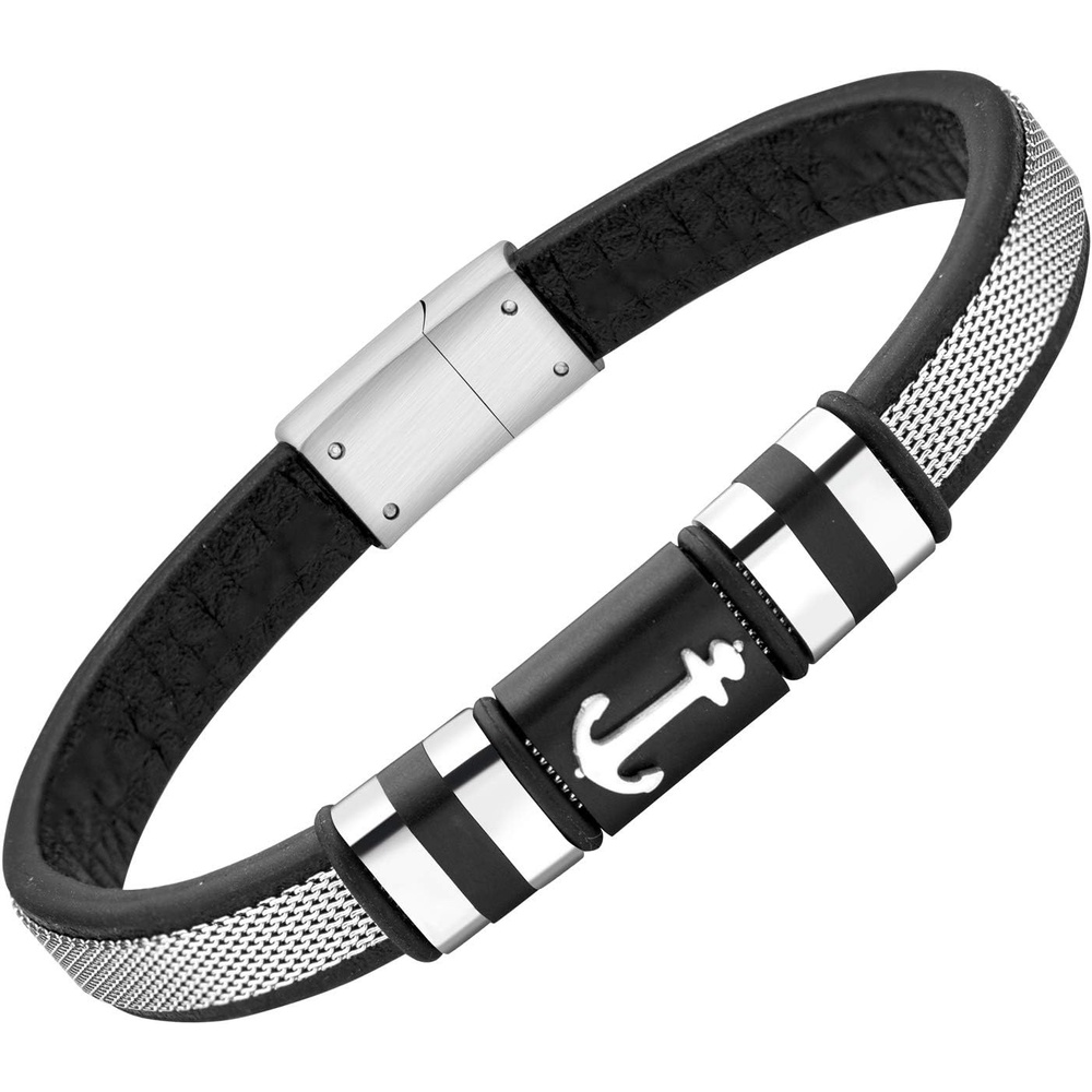 image:image555Jewelry Braided Stainless Steel amp Black Leather Anchor Bracelet for MenSilver