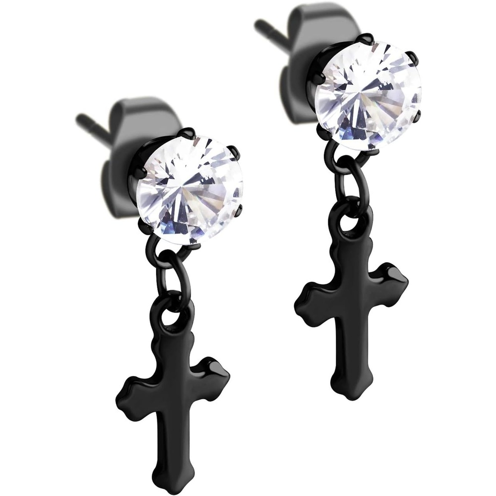 image:image555Jewelry Delicate Small Sparkly Dangling Cross Stud Earrings for Women amp LadiesBlack White CZ