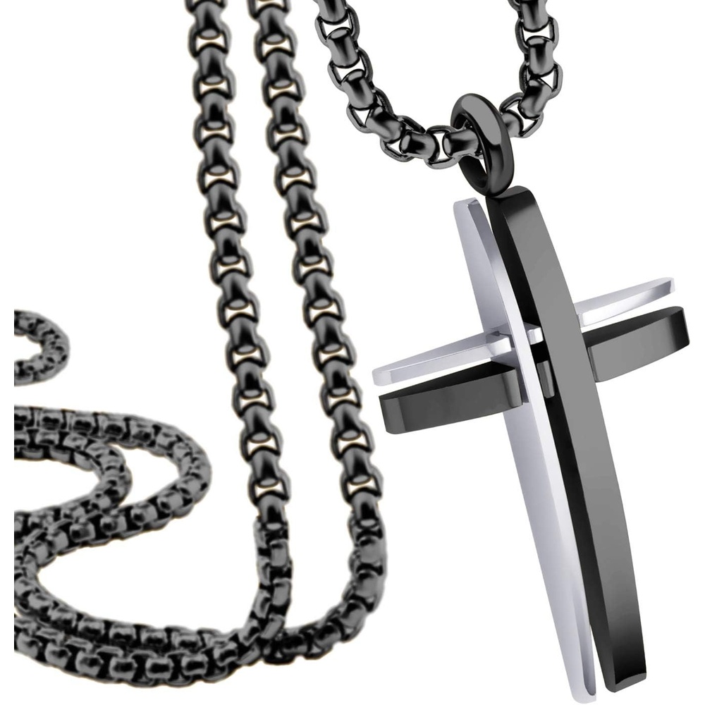 image:image555Jewelry Grooved Stainless Steel Cross Necklace for Men and Women 1624 ChainSilver Black