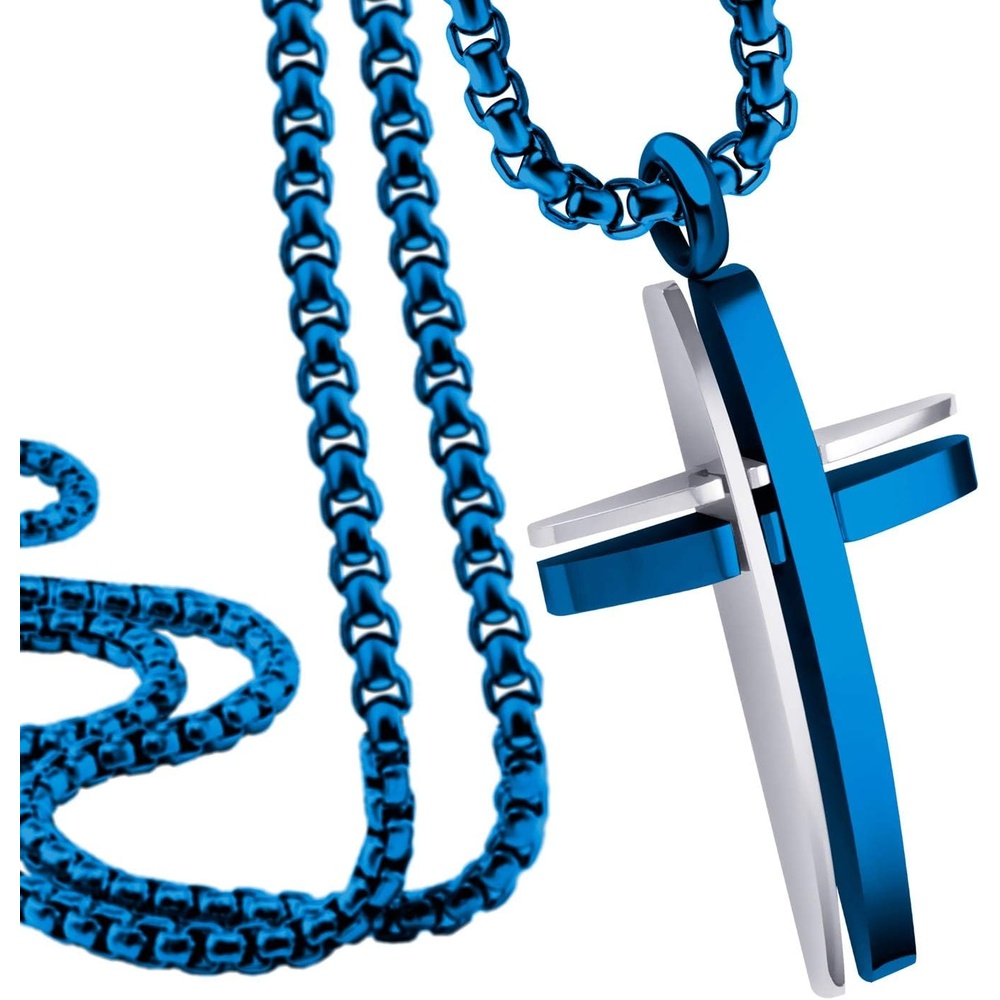 image:image555Jewelry Grooved Stainless Steel Cross Necklace for Men and Women 1624 ChainSilver Blue