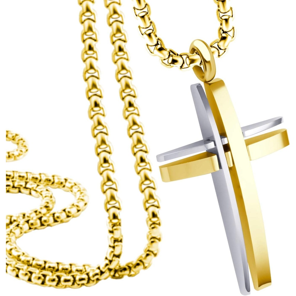 image:image555Jewelry Grooved Stainless Steel Cross Necklace for Men and Women 1624 ChainSilver Gold