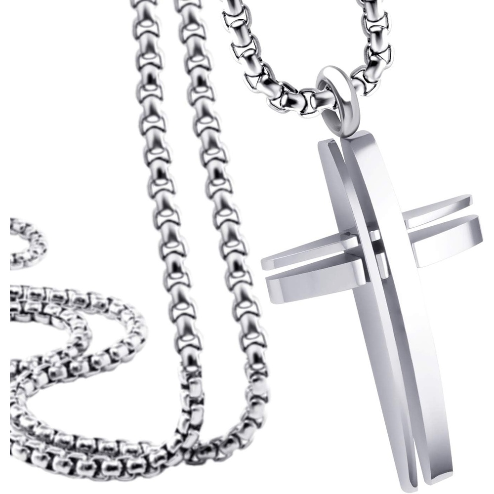 image:image555Jewelry Grooved Stainless Steel Cross Necklace for Men and Women 1624 ChainSilver