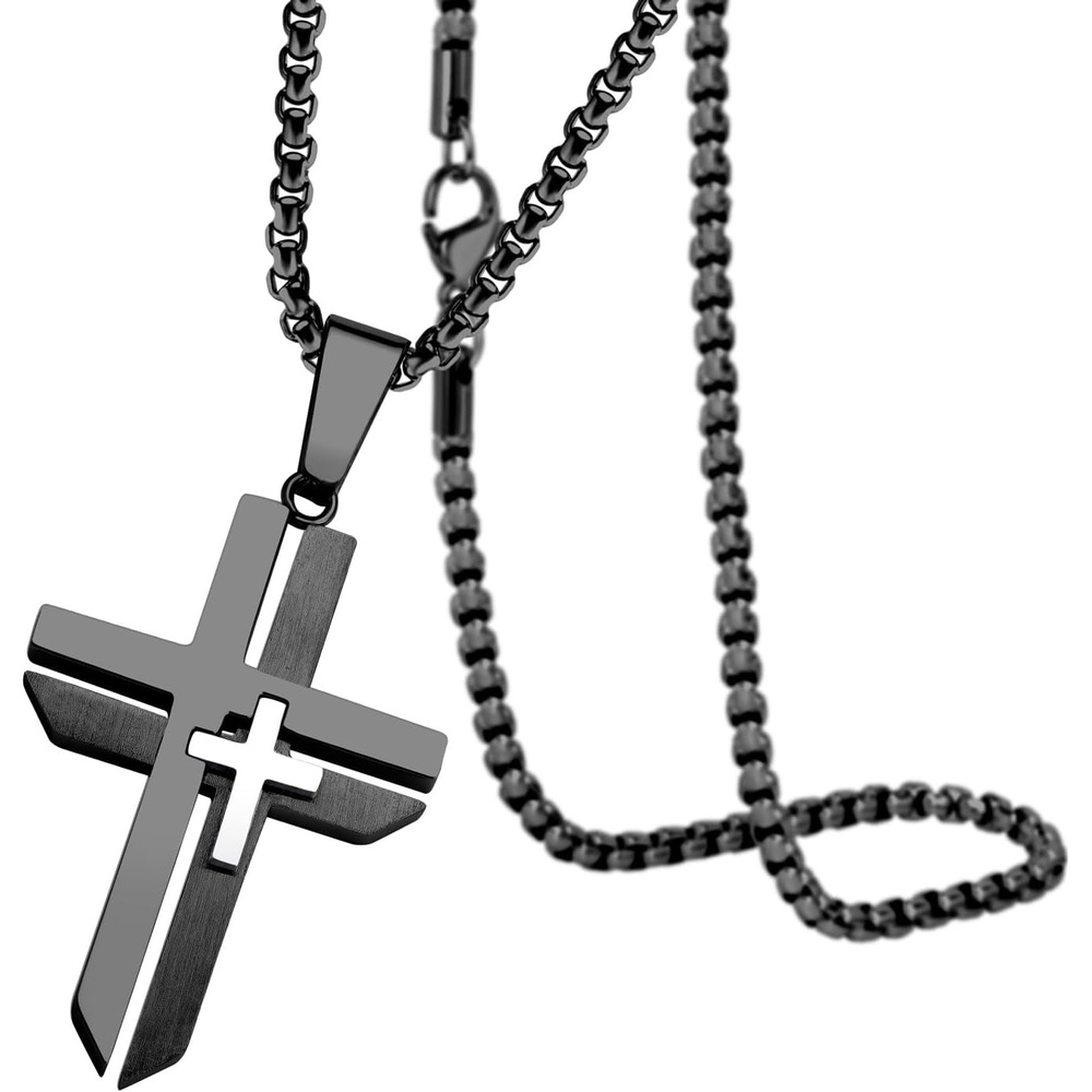 image:image555Jewelry Grooved Unisex Stainless Steel Dual Cross Necklace Pendant 1628 Box ChainBlack