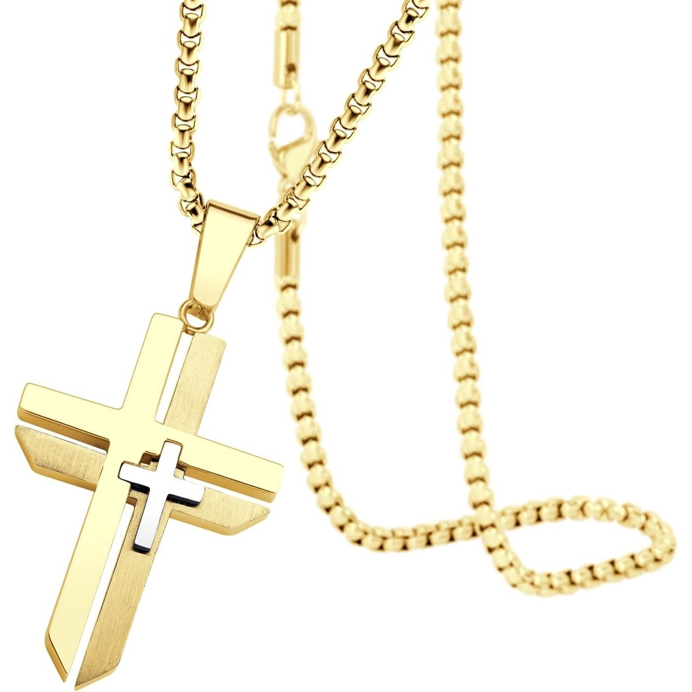 image:image555Jewelry Grooved Unisex Stainless Steel Dual Cross Necklace Pendant 1628 Box ChainGold
