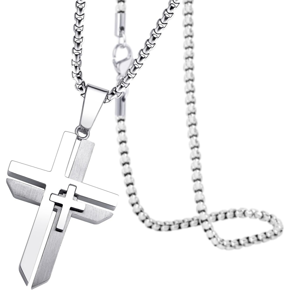 image:image555Jewelry Grooved Unisex Stainless Steel Dual Cross Necklace Pendant 1628 Box ChainSilver