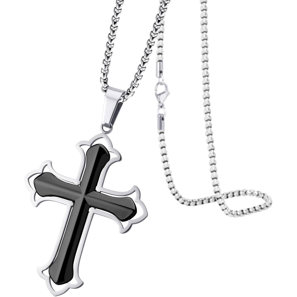 image:image555Jewelry Layered Stainless Steel Cross Necklace for Men and Women 1624 ChainSilver Black Style 2