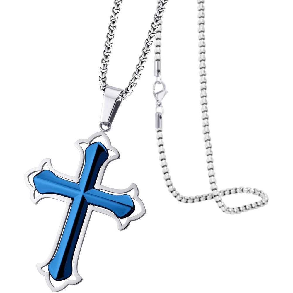 image:image555Jewelry Layered Stainless Steel Cross Necklace for Men and Women 1624 ChainSilver Blue Style 2