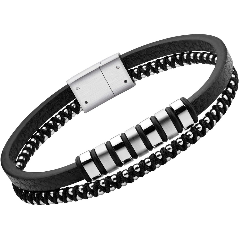 image:image555Jewelry Stainless Steel Beads Double Row Genuine Leather Bracelet for MenSilver
