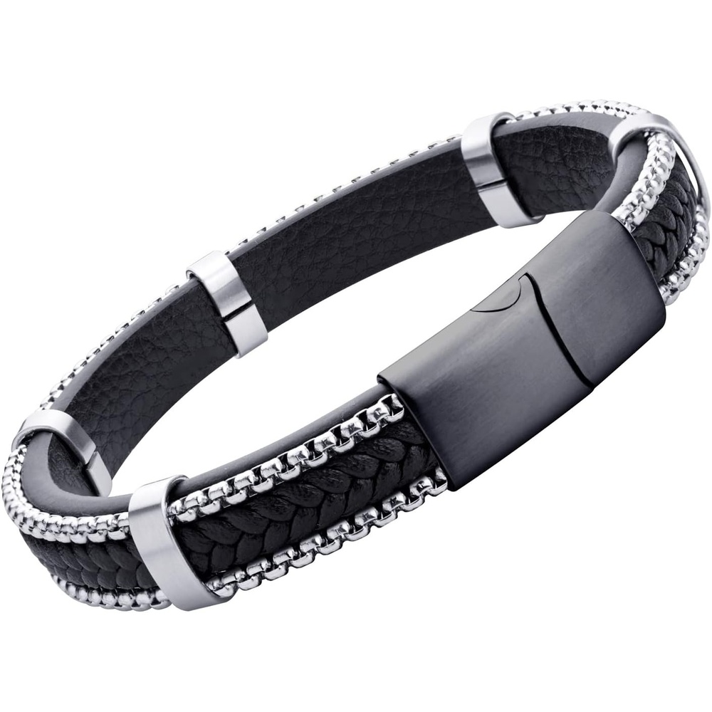 image:image555Jewelry Stainless Steel Braided Leather amp Box Chain Bracelet for MenBlack Leather Black Clasp