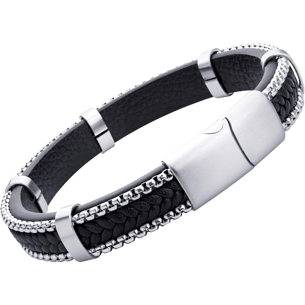 image:image555Jewelry Stainless Steel Braided Leather amp Box Chain Bracelet for MenBlack Leather Silver Clasp