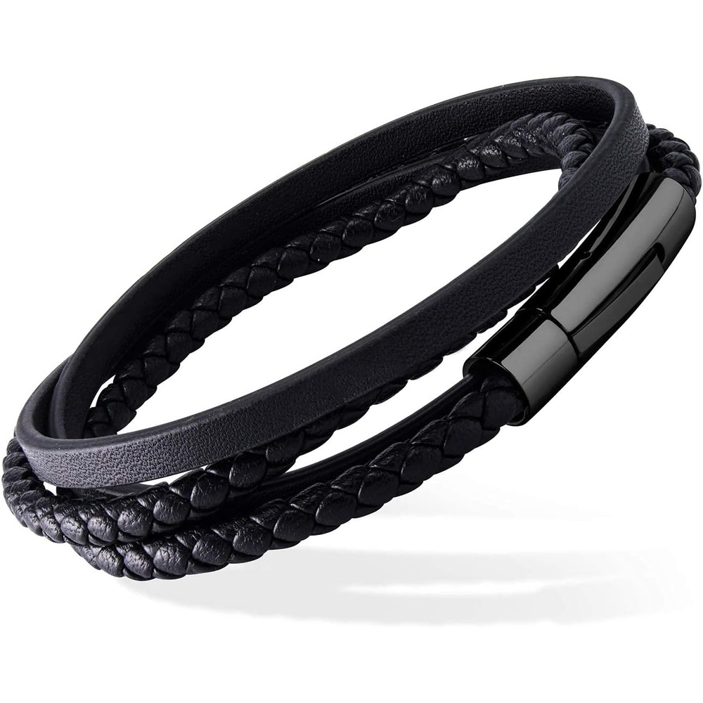 image:image555Jewelry Stainless Steel Braided Wrap Layered Leather Cord Magnetic BraceletBlack