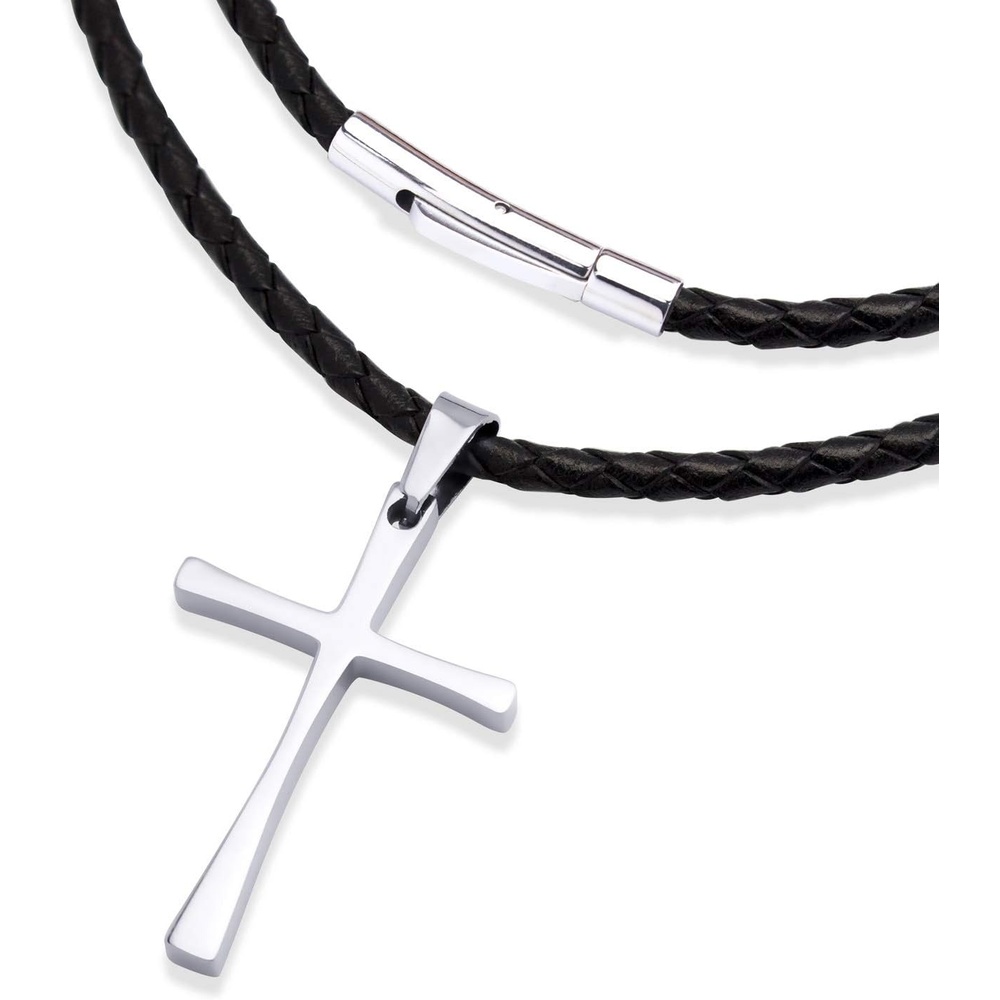image:image555Jewelry Stainless Steel Cross Braided Rope Cord Necklace For Men Women 1824 InchesSilver Black