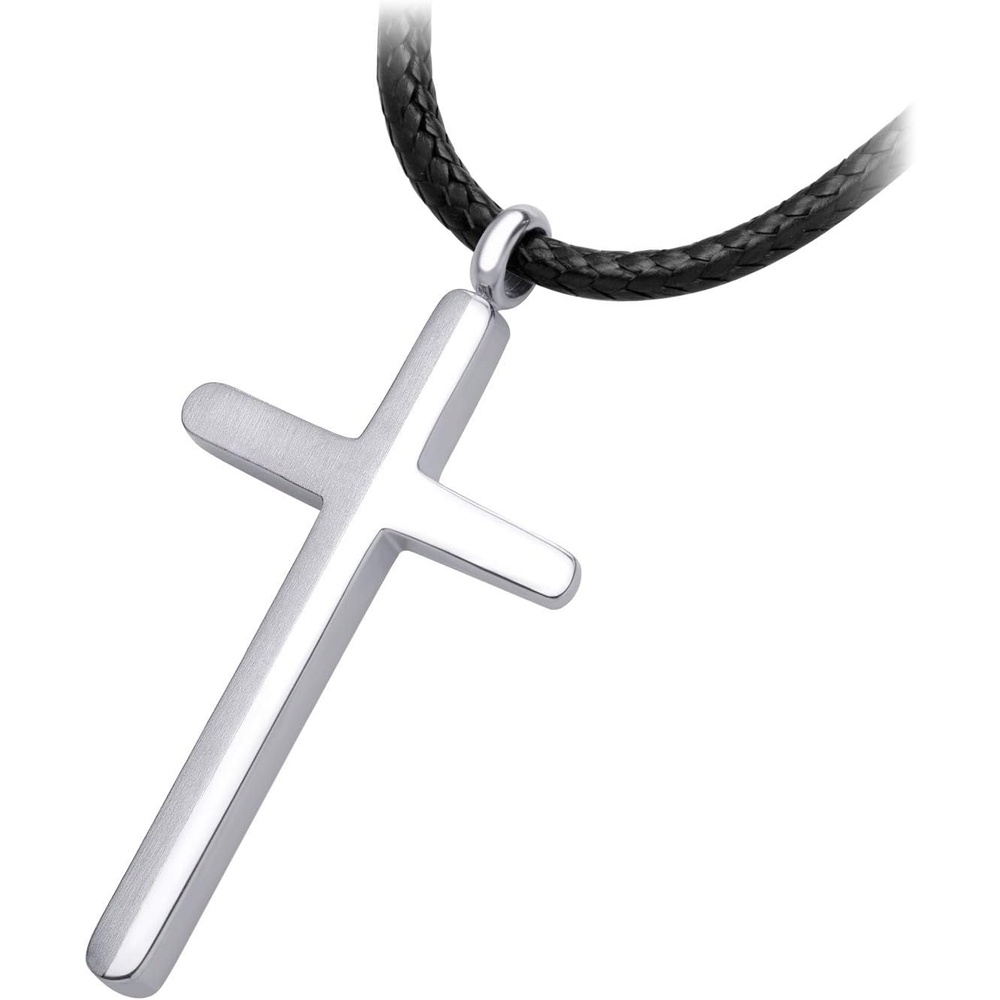 image:image555Jewelry Stainless Steel Cross Necklace for Men Mens Cross Necklaces with 18 to 24 Inches Waterproof Adjustable Black Leather RopeSilver
