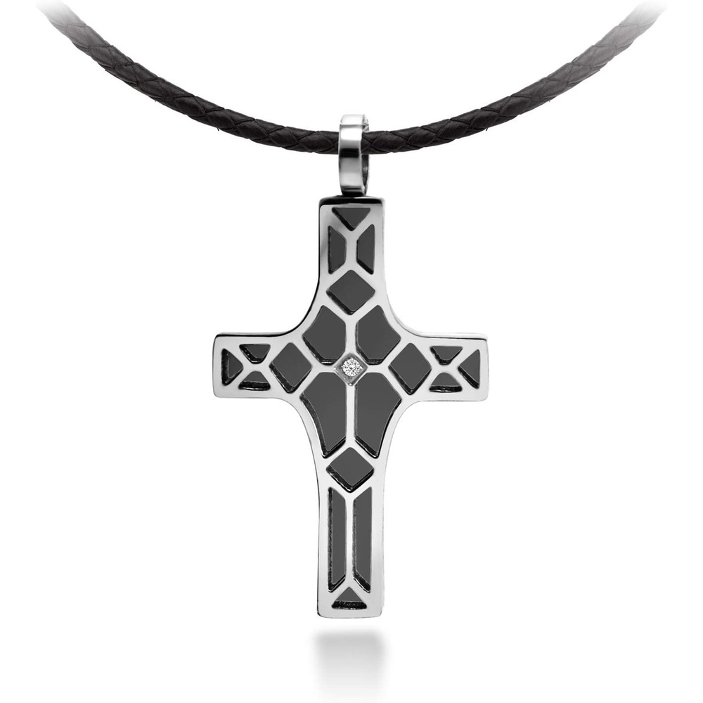 image:image555Jewelry Stainless Steel Cross Pendant CZ Stone Black Rope Cord NecklaceSilver Black