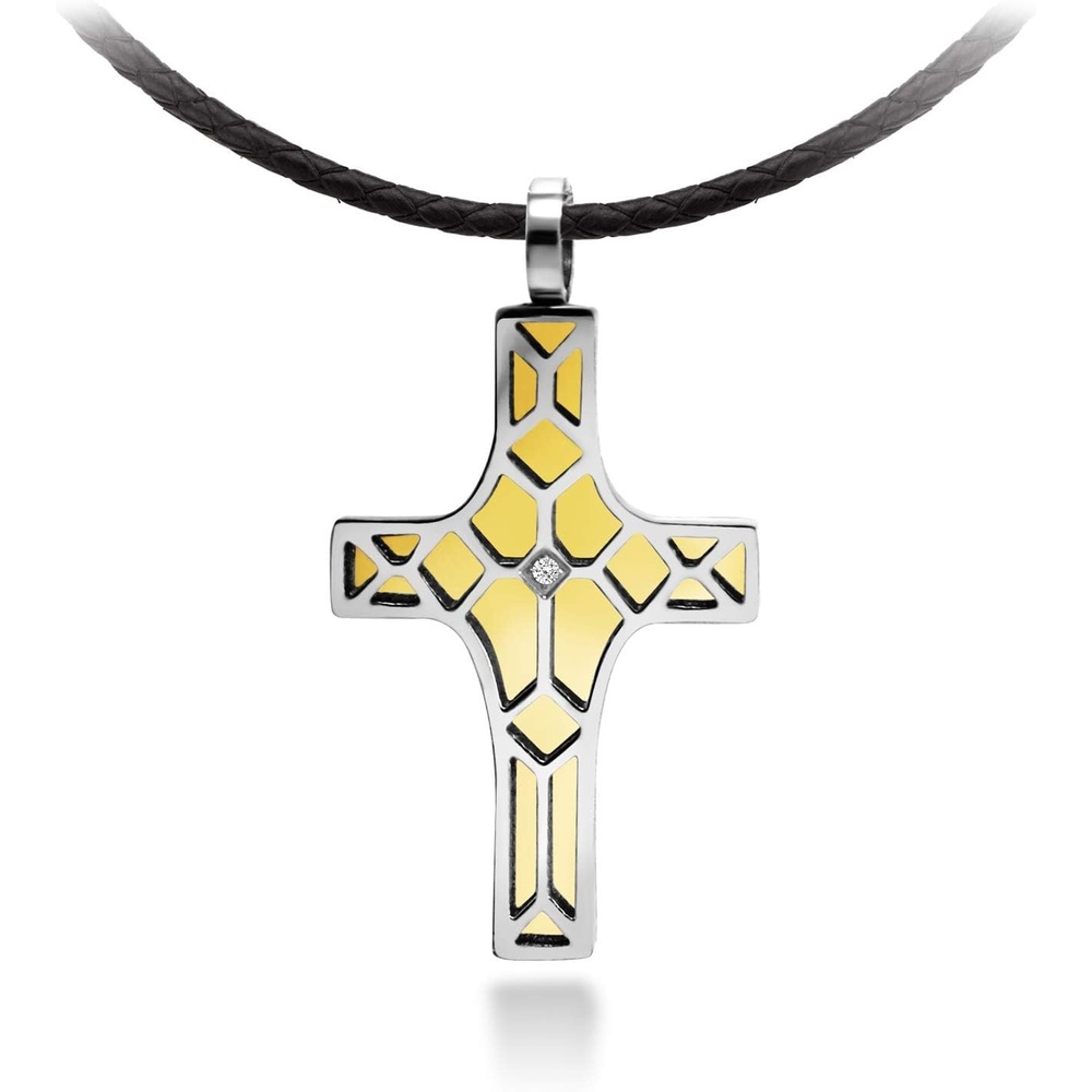 image:image555Jewelry Stainless Steel Cross Pendant CZ Stone Black Rope Cord NecklaceSilver Yellow Gold
