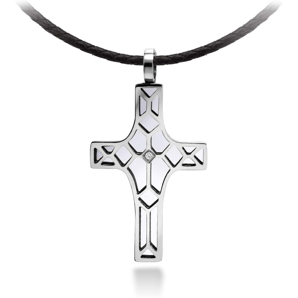 image:image555Jewelry Stainless Steel Cross Pendant CZ Stone Black Rope Cord NecklaceSilver