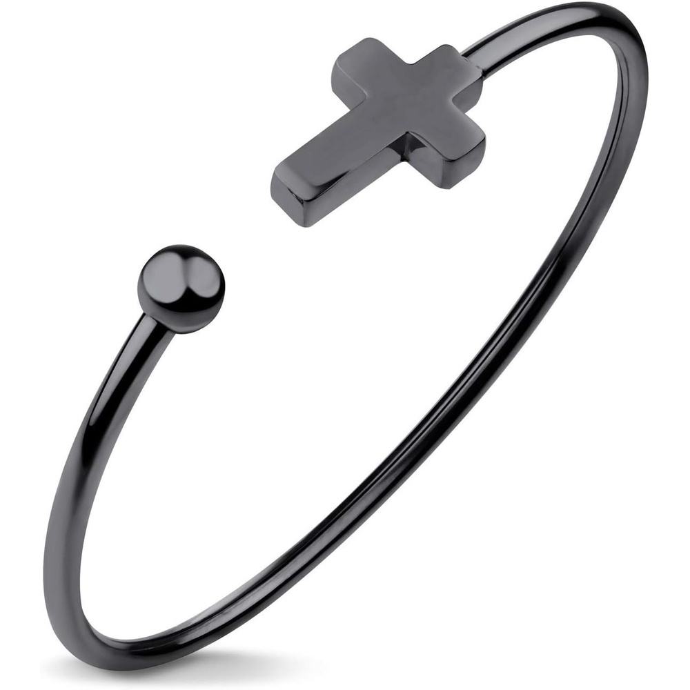 image:image555Jewelry Stainless Steel Cross Religious Symbol Open Cuff Bangle BraceletBlack