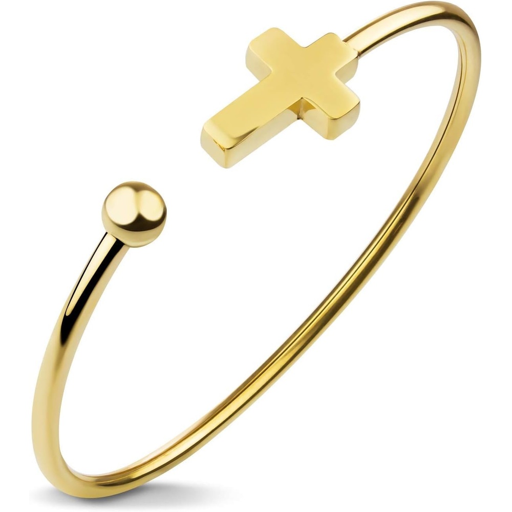 image:image555Jewelry Stainless Steel Cross Religious Symbol Open Cuff Bangle BraceletYellow Gold