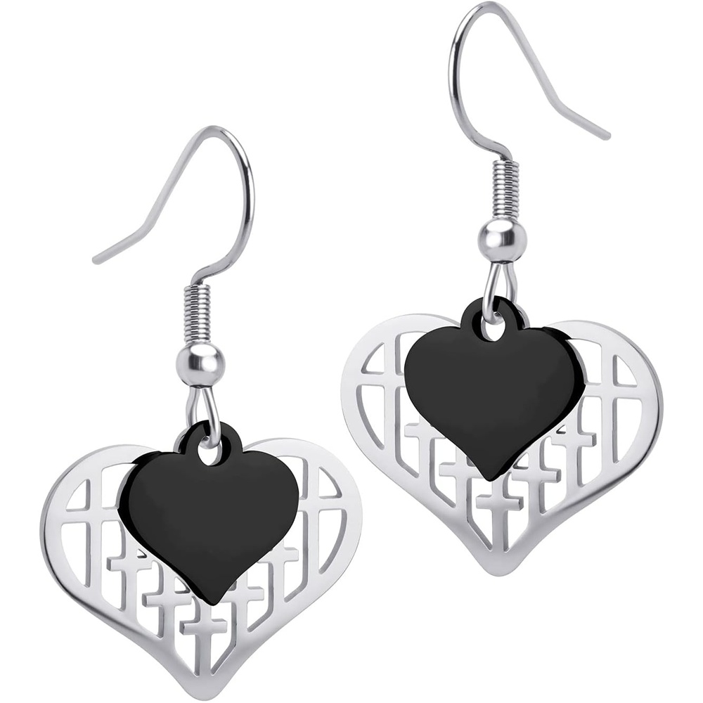 image:image555Jewelry Stainless Steel Dainty Dangle Drop Double Heart Earrings for Women amp LadiesSilverBlack
