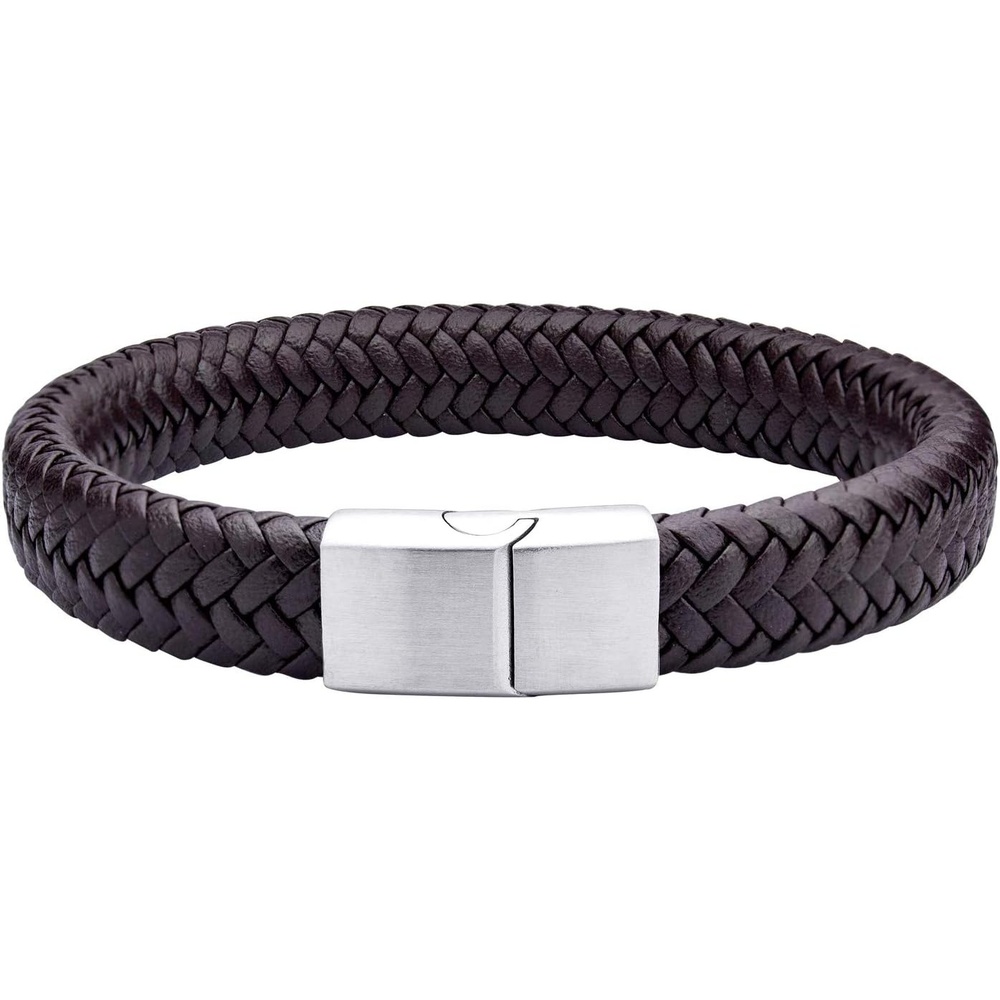 image:image555Jewelry Stainless Steel Magnetic Clasp Braided Brown amp Black Leather Bracelet for MenBrown Leather Silver Clasp