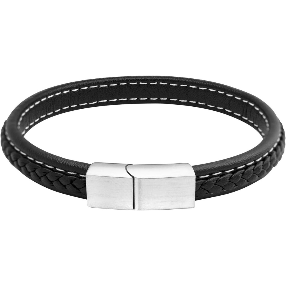 image:image555Jewelry Stainless Steel Magnetic Clasp Thin Braided Black Leather Bracelet for MenSilver