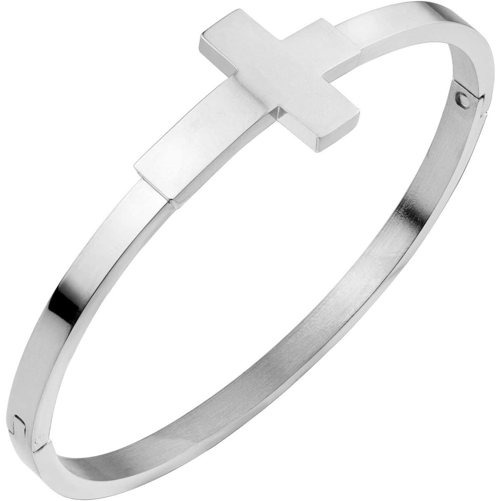 image:image555Jewelry Stainless Steel Sideways Cross Cuff Bangle Bracelet for Women Hinge Lock Hypoallergenic Cuff BangleSilver