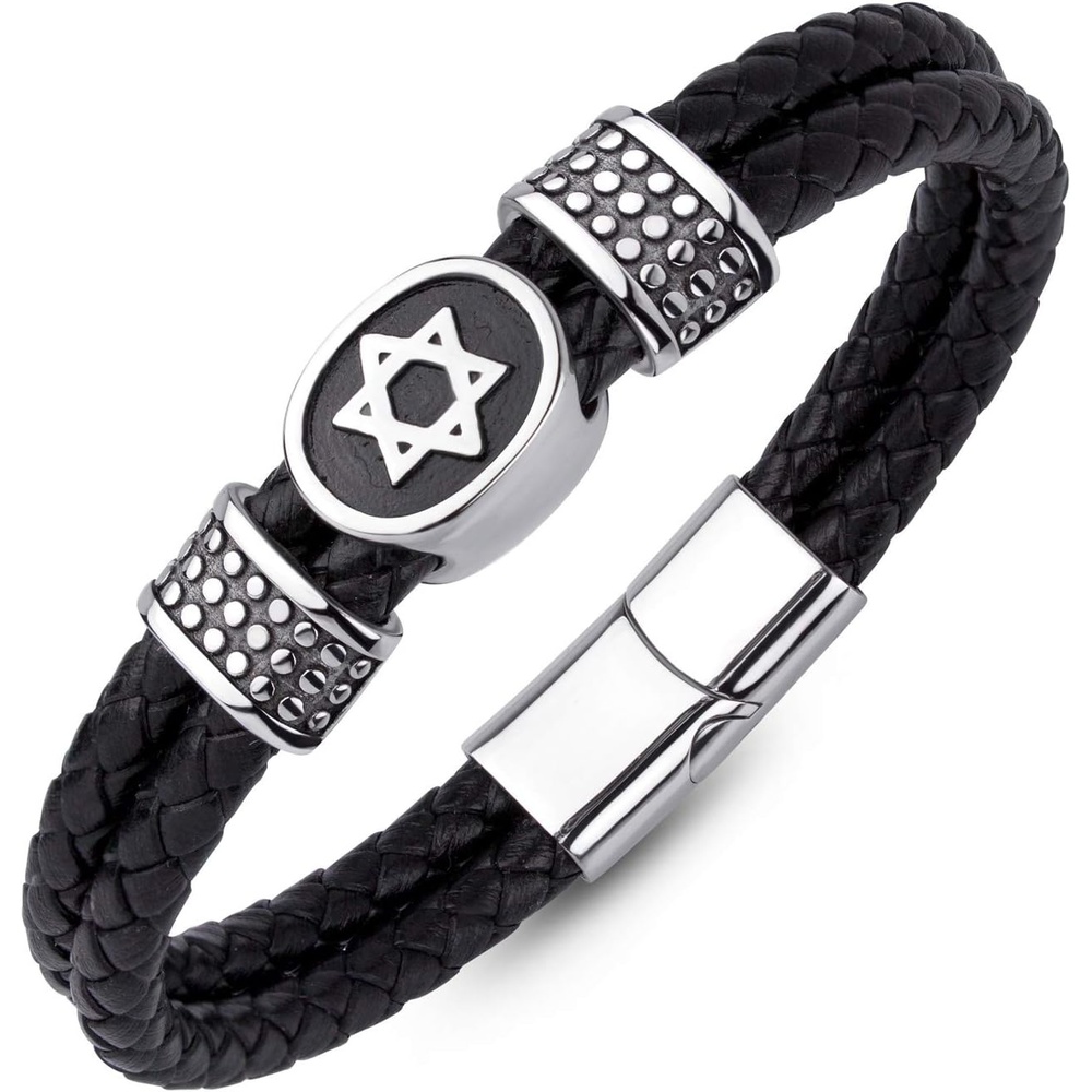 image:image555Jewelry Stainless Steel Star of David Braided Leather Hypoallergenic Bracelet for Men Size 8 amp 9 InchSilver