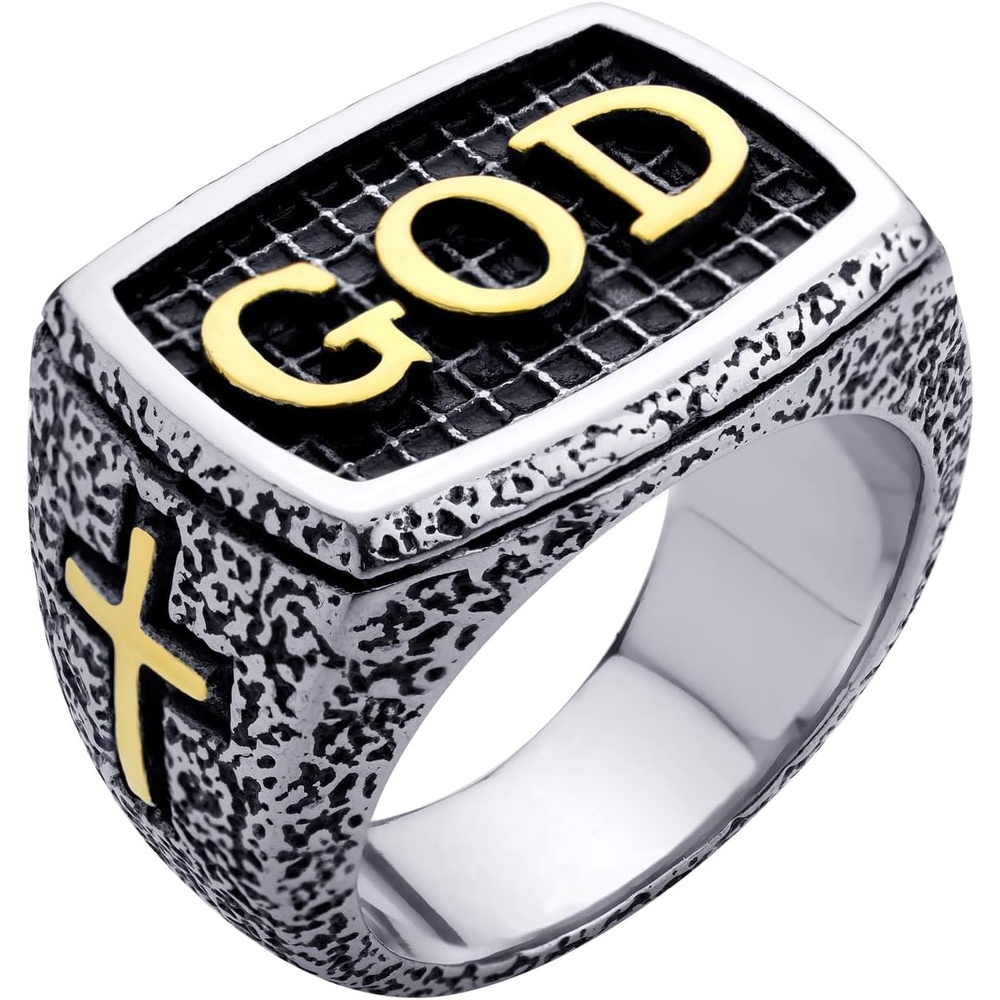 image:image555Jewelry Stainless Steel Vintage Hammered Style Cross GOD Signet Ring for MenSilver Gold