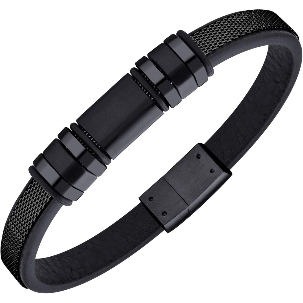 image:image555Jewelry Stainless Steel amp Genuine Black Leather Wrist Bracelet for MenBlack