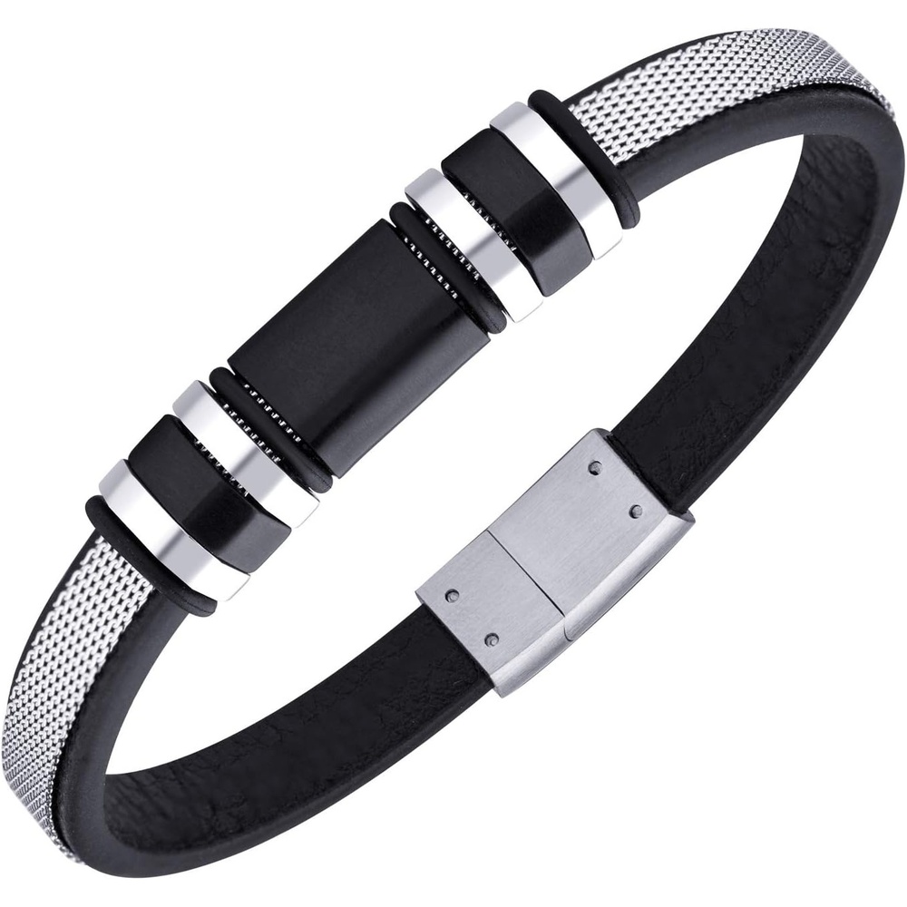 image:image555Jewelry Stainless Steel amp Genuine Black Leather Wrist Bracelet for MenSilver