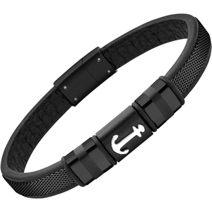 image:image555Jewelry Braided Stainless Steel amp Black Leather Anchor Bracelet for MenBlack