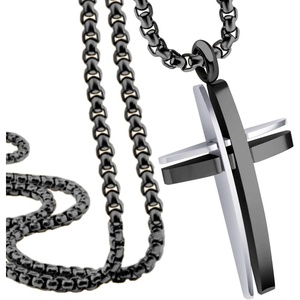 image:image555Jewelry Grooved Stainless Steel Cross Necklace for Men and Women 1624 ChainSilver  Black