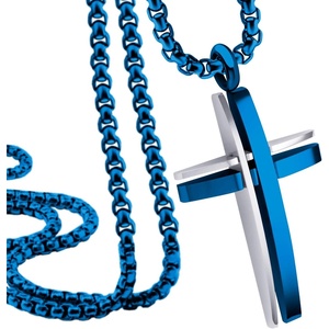image:image555Jewelry Grooved Stainless Steel Cross Necklace for Men and Women 1624 ChainSilver  Blue