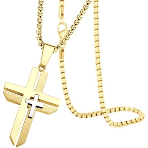 image:image555Jewelry Grooved Unisex Stainless Steel Dual Cross Necklace Pendant 1628 Box ChainGold
