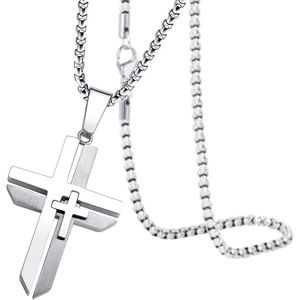 image:image555Jewelry Grooved Unisex Stainless Steel Dual Cross Necklace Pendant 1628 Box ChainSilver