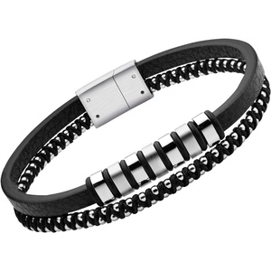 image:image555Jewelry Stainless Steel Beads Double Row Genuine Leather Bracelet for MenSilver
