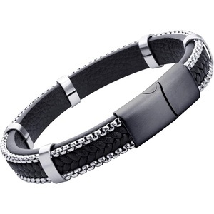 image:image555Jewelry Stainless Steel Braided Leather amp Box Chain Bracelet for MenBlack Leather  Black Clasp