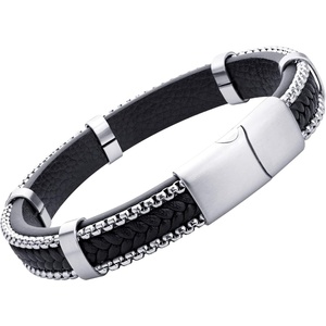 image:image555Jewelry Stainless Steel Braided Leather amp Box Chain Bracelet for MenBlack Leather  Silver Clasp