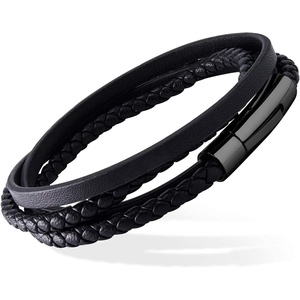 image:image555Jewelry Stainless Steel Braided Wrap Layered Leather Cord Magnetic BraceletBlack